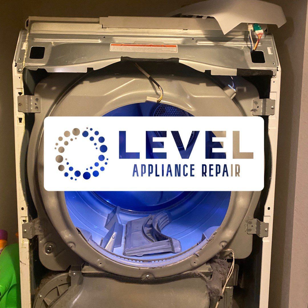 Open dryer interior with Level Appliance Repair logo overlay.