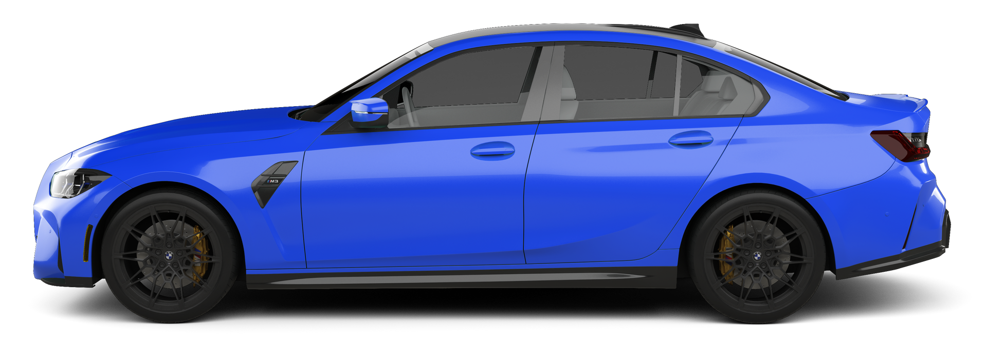 Blue sports sedan in side view on a white background
