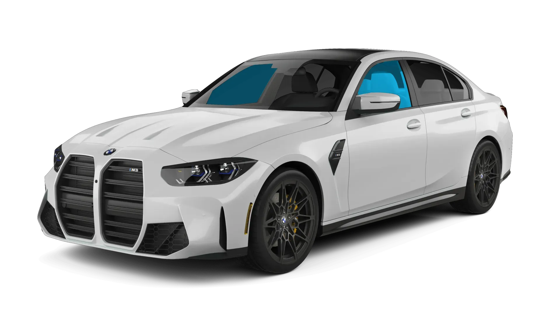 White luxury sedan with black accents, shown in front three-quarter view on a white background