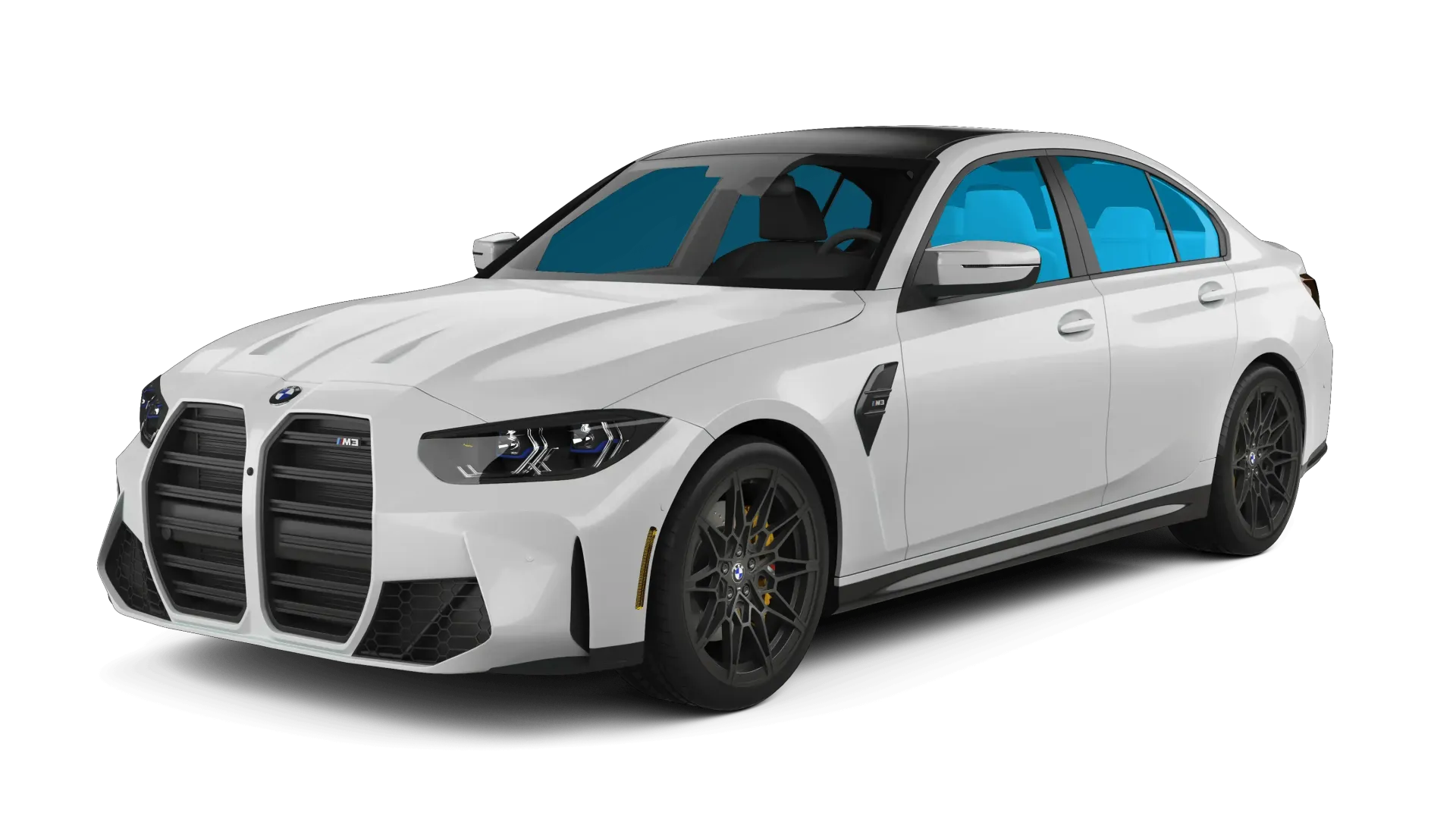 White BMW sedan on a white background, shown from the front-left angle.
