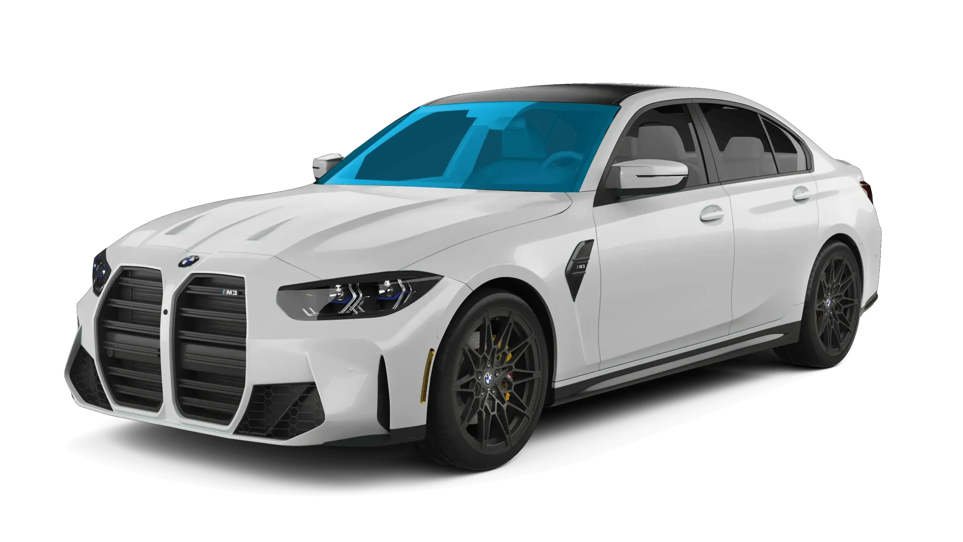 White luxury sedan with black grille and tinted windows, shown in a front three-quarter view on a white background