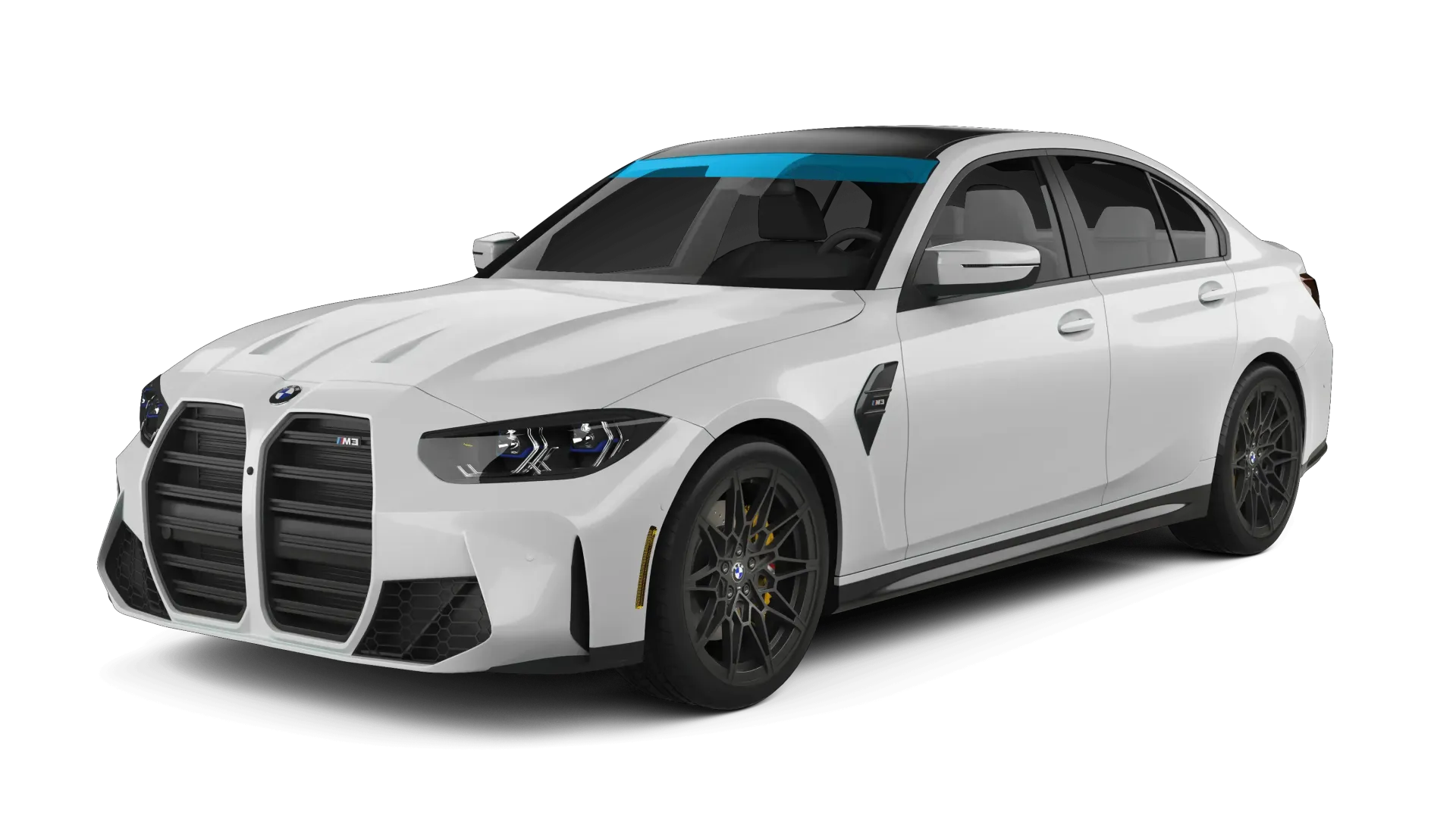 White BMW sedan with black accents, shown front-left on a white background