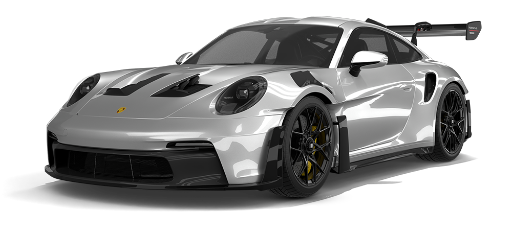 Silver Porsche 911 sports car with black wheels and a large rear wing on a white background