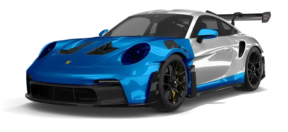 Blue and silver sports car with a rear wing, angled front view on a white background
