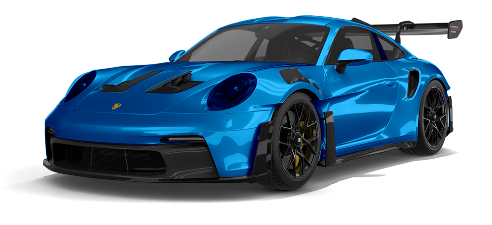 Blue sports car with black accents and rear wing, shown on a white background