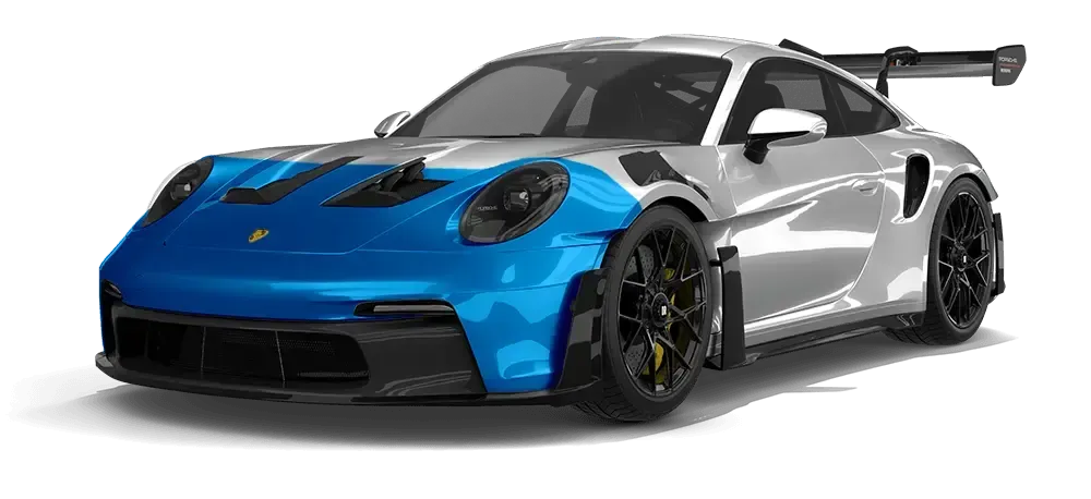 Blue and silver sports car with a black rear wing, shown in side view on a white background