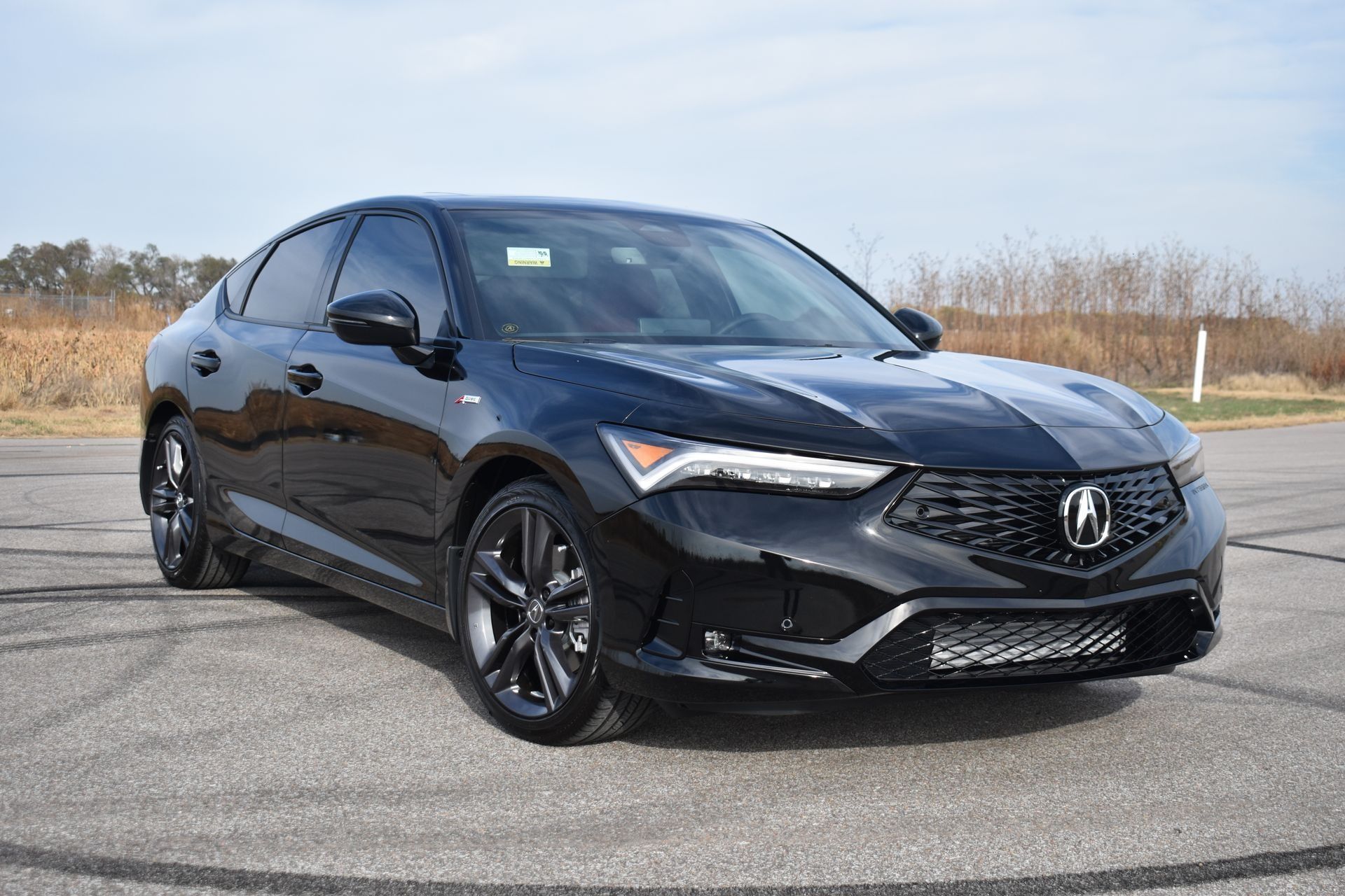 Black Acura sedan parked on a road under a clear sky