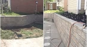 Before-and-after retaining wall: bare yard on left, finished stone wall with landscaping on right.