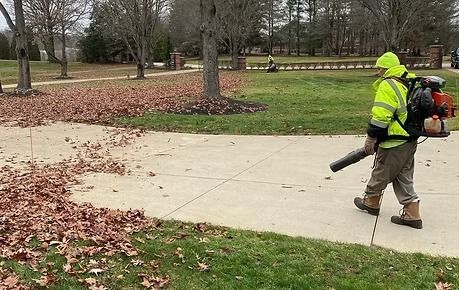 Worker in neon safety gear uses a leaf blower on a park sidewalk covered with fallen leaves.