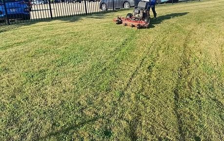 Person pushing a red lawn mower across a grassy yard near a fence