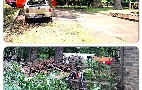 Two photos of a yard with storm debris and a parked truck near a driveway