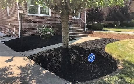 Mulched tree bed beside a brick house and sidewalk, with a blue security sign.