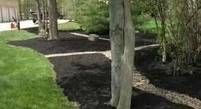 Landscaped garden path bordered by grass and trees, with a stone walkway and dark mulch.