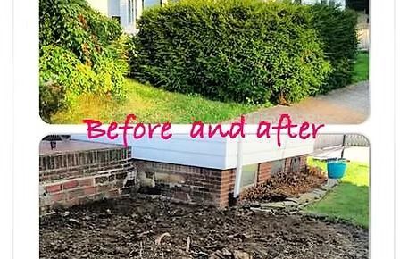 Before and after of yard landscaping: overgrown bushes replaced with a clean brick-edged bed.