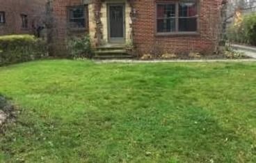 Brick house with a front lawn and centered front door