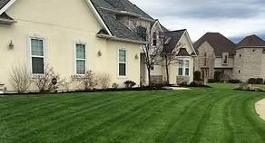 Large beige suburban houses with manicured green lawns and a curved driveway under cloudy skies