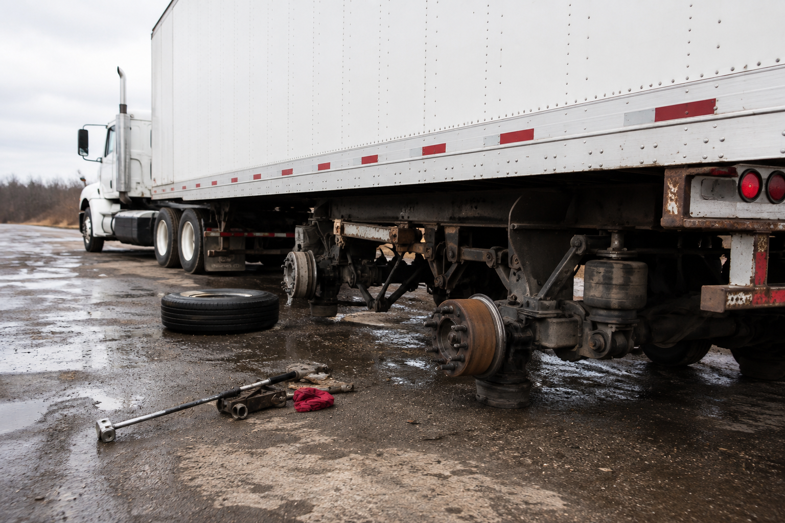 Semi-truck with exposed rear axle on wet roadside, wheels removed and tools scattered nearby