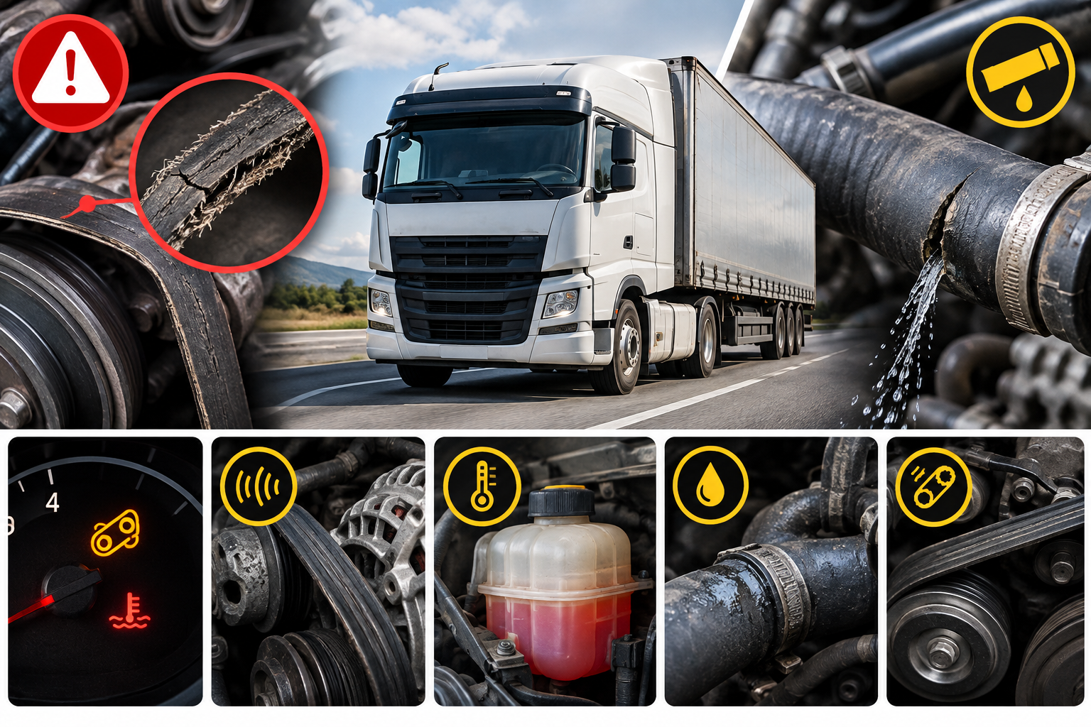 Truck and hose collage showing leaks, wear, fluid, and maintenance inspection indicators