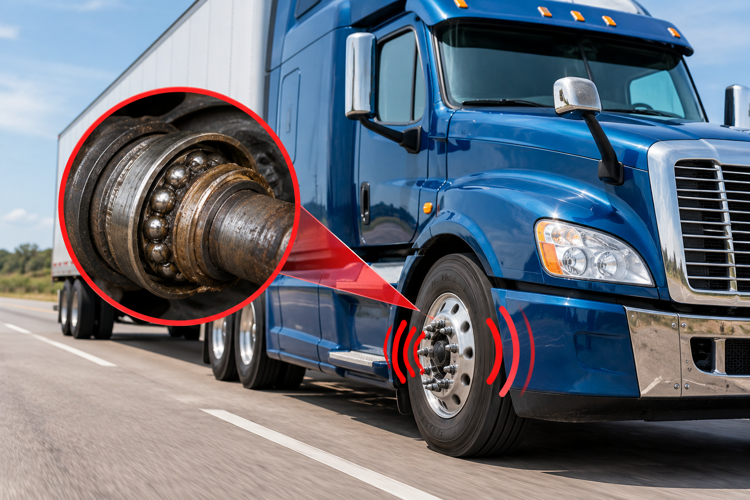 Blue semi truck with a zoomed-in view of a wheel hub on the highway