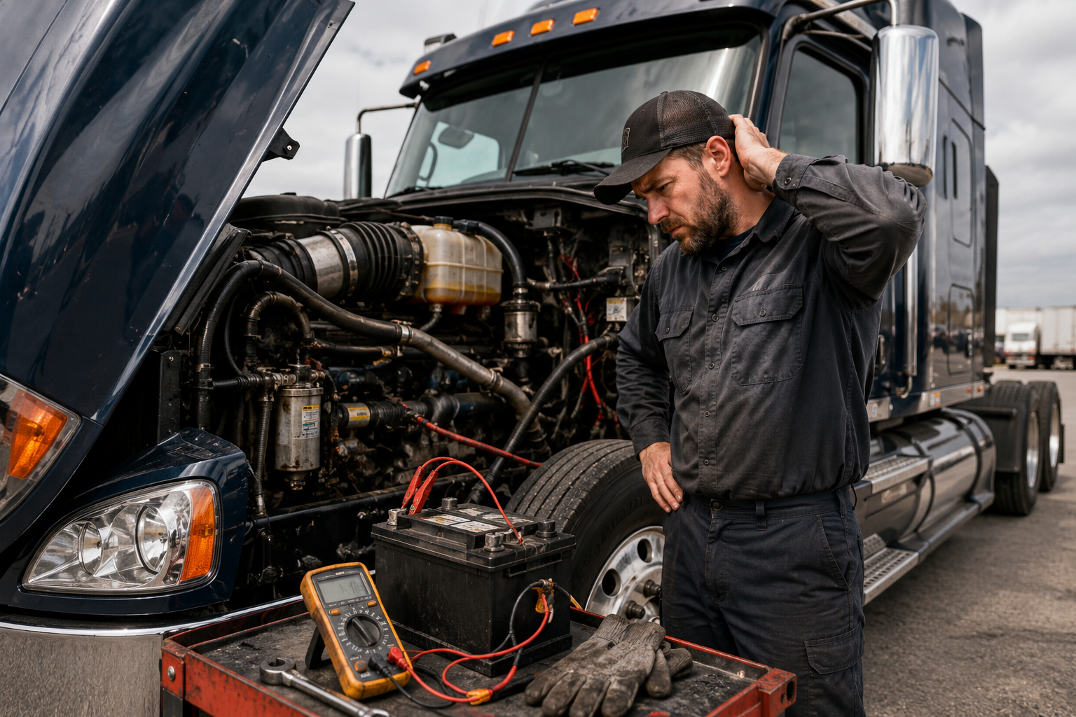 Mechanic inspecting a black semi-truck engine with a multimeter in a parking lot