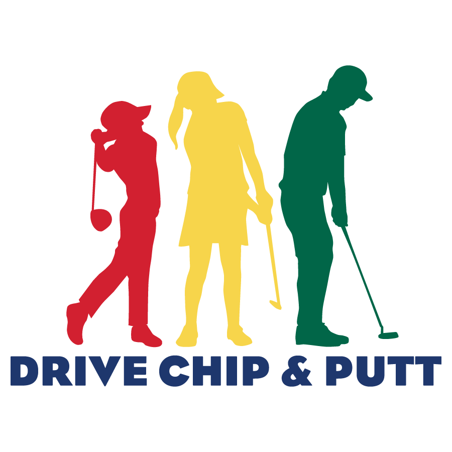 Drive Chip & Putt logo with red, yellow, and green golfer silhouettes and text.