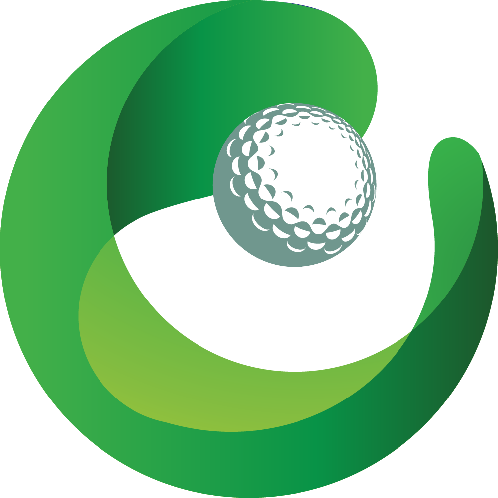 Green circular logo with a white golf ball in the center and a curved swoosh around it