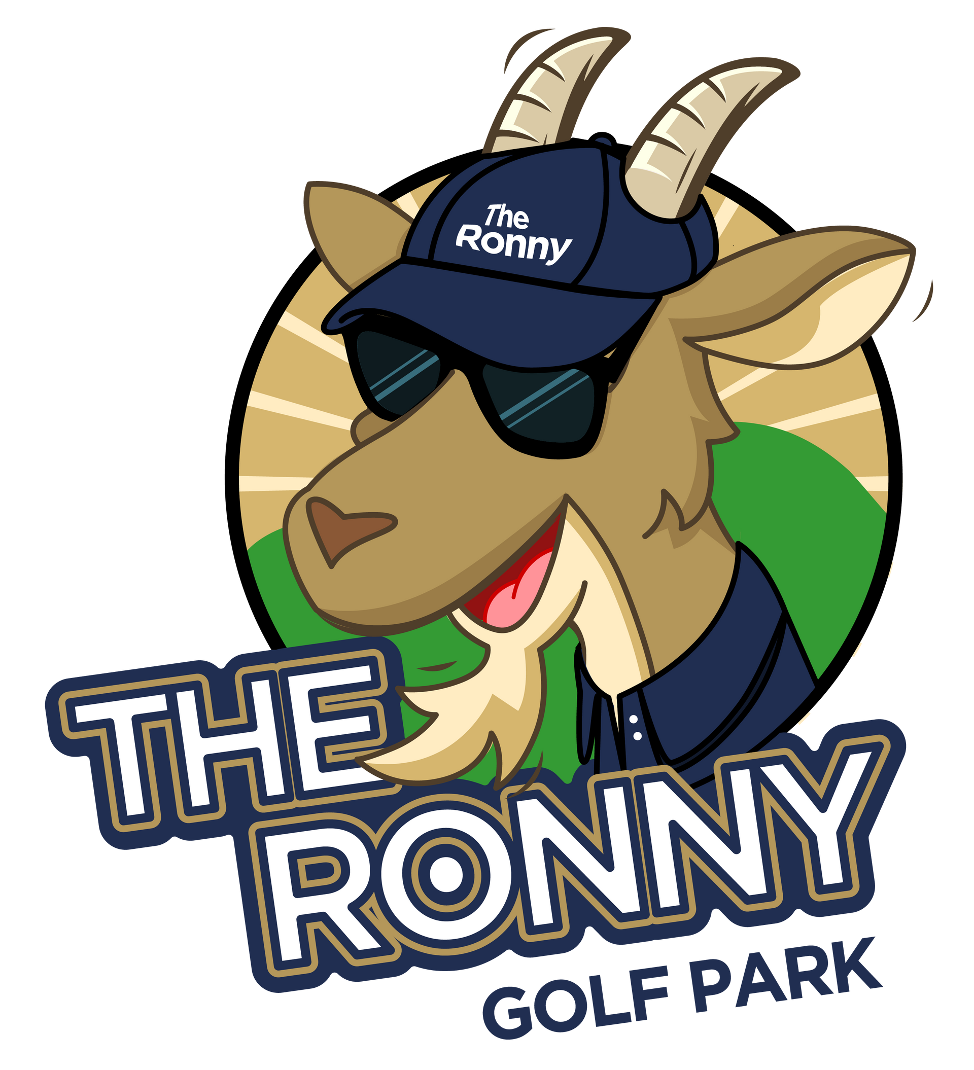 The Ronny Golf Park logo featuring a smiling cartoon goat in sunglasses and a cap