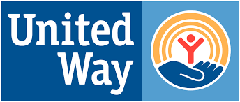 United Way logo in white text on blue with orange circle and stylized hands and person icon
