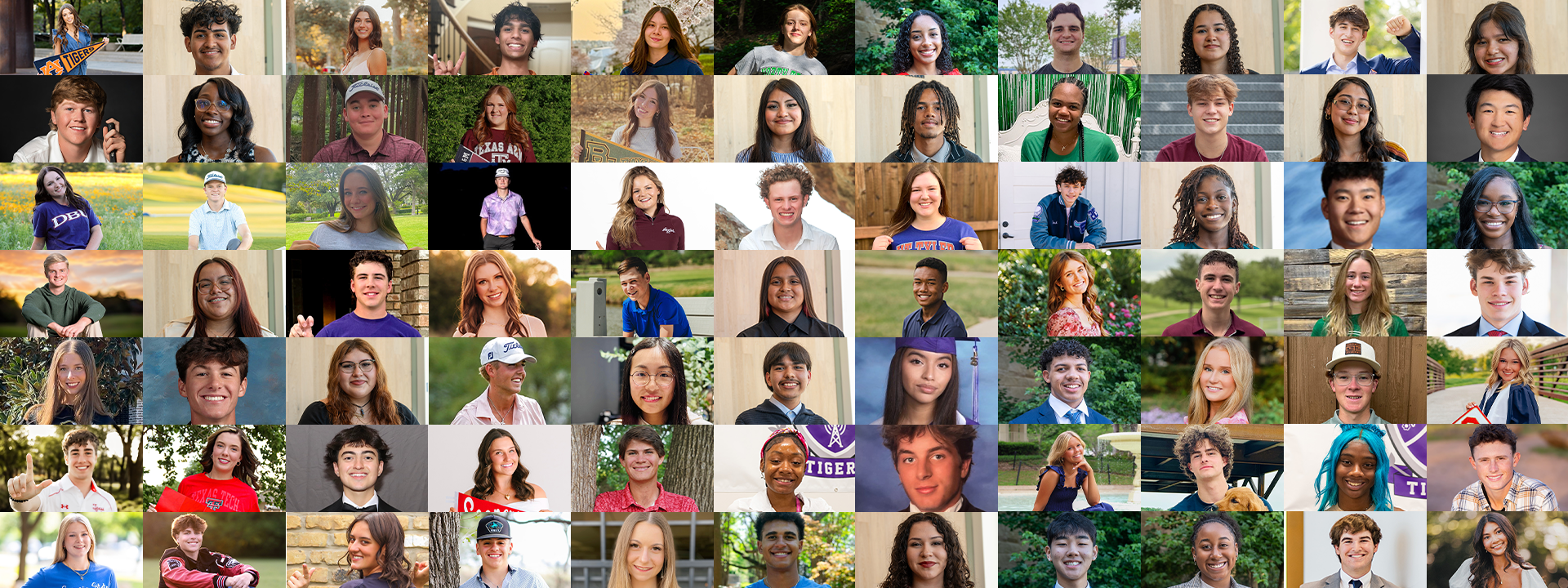 Collage of diverse people smiling in colorful portrait photos arranged in a grid