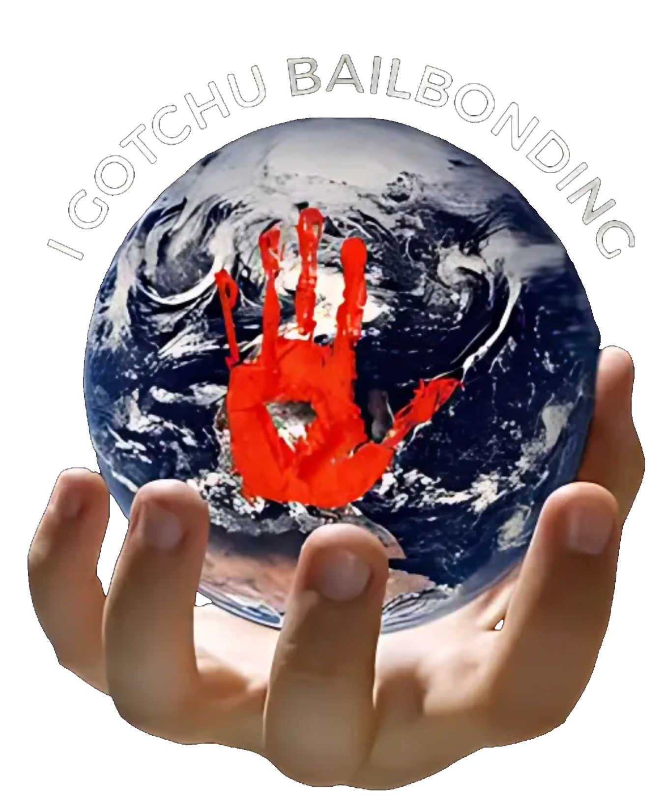 Hand holding a globe with a red handprint; "I Gotchu Bailbonding" text.