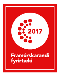 Rauð verðlaunamerki með „2017“ og textanum „Framúrskandi fyrirtæki“ á hvítum hring.