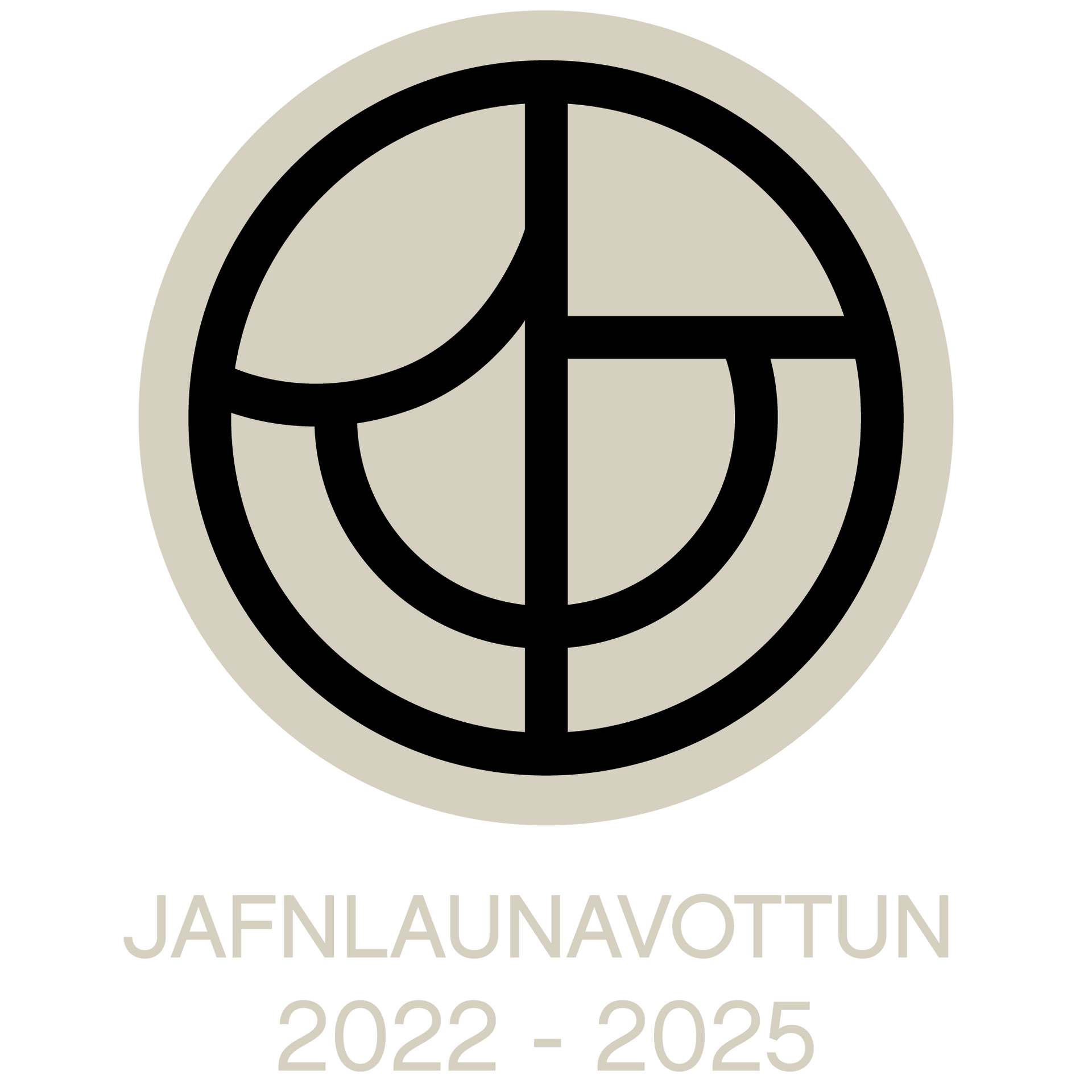 Svart, hringlaga, abstrakt merki með textanum „JAFNLAUNAVOTTUN 2022–2025“ fyrir neðan.