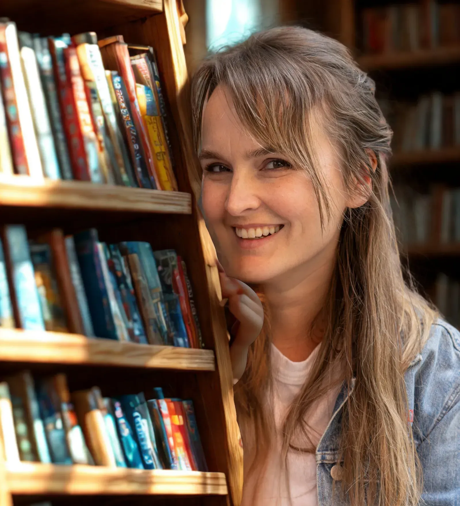 A woman is smiling in front of a bookshelf full of books