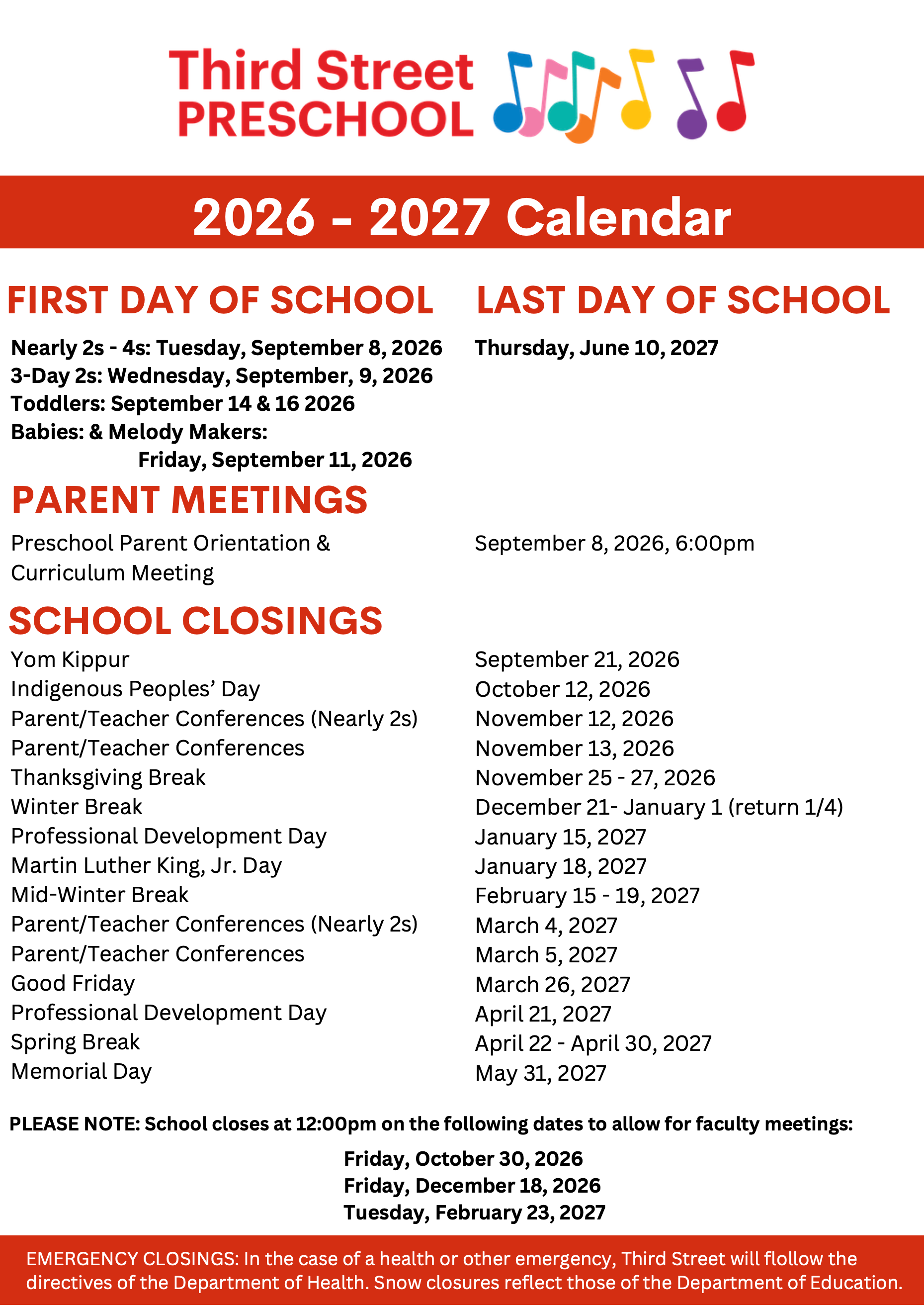 The Third Street Preschool calendar for the year 2025-2026