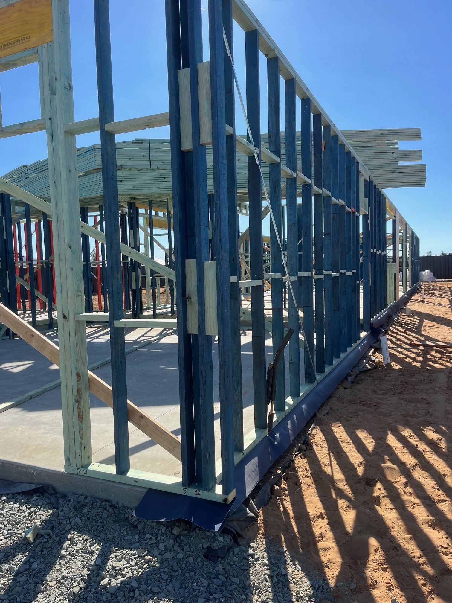 Wooden frame of a building under construction on a sunny day. Blue-painted studs stand out against the bright sky.