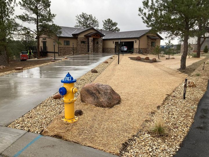 Wet driveway leading to a tan house, with a blue fire hydrant, large rocks, and pine trees in front yard