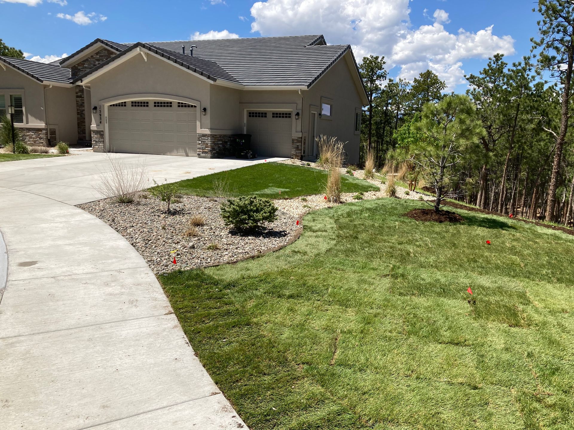 Suburban house with a garage, curved driveway, and landscaped front yard under a blue sky
