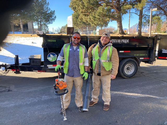 Two workers in safety vests stand by a trailer at a roadside worksite, one holding a chainsaw.
