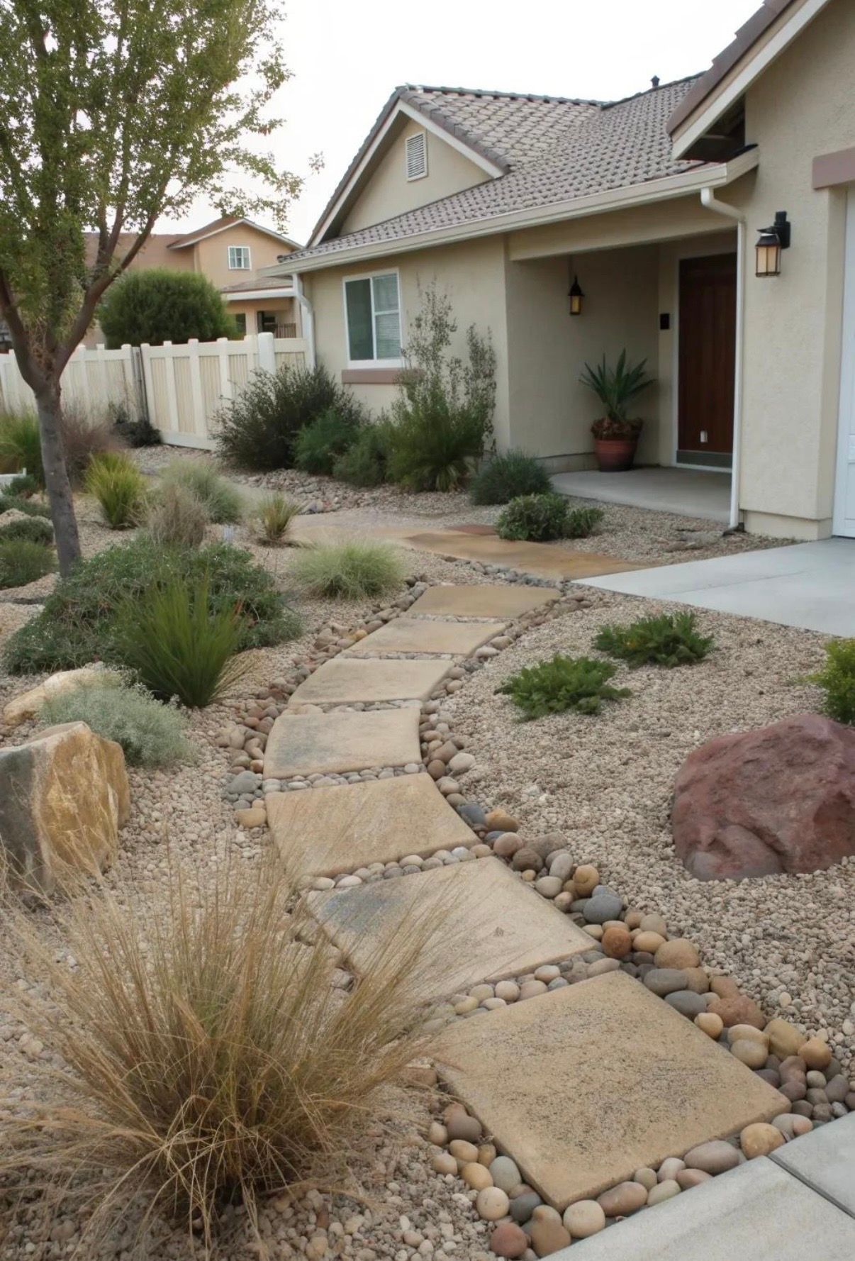 Curved stone walkway through a dry landscaped front yard beside a beige house with potted plants and gravel.