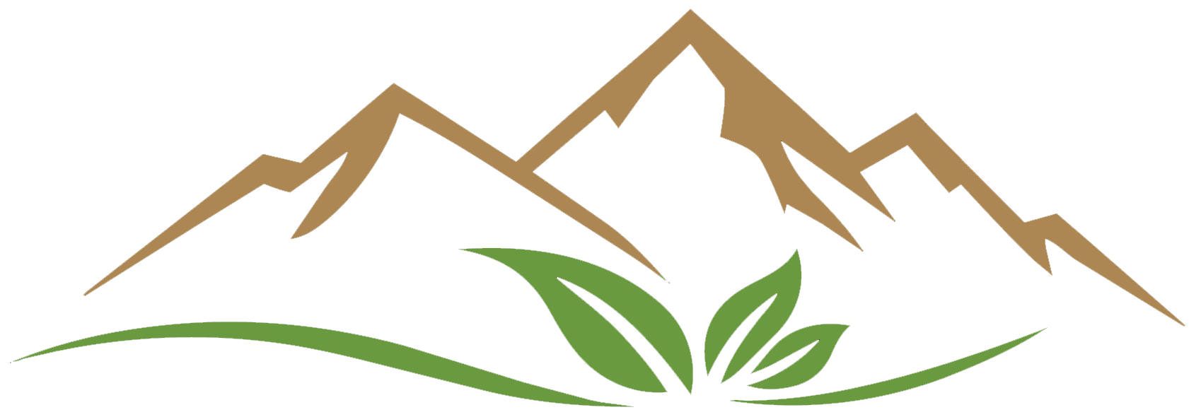 Stylized brown mountains above green leaves and a green horizon line