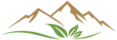 Stylized brown mountain peaks with green leaves and a curved green line on a white background