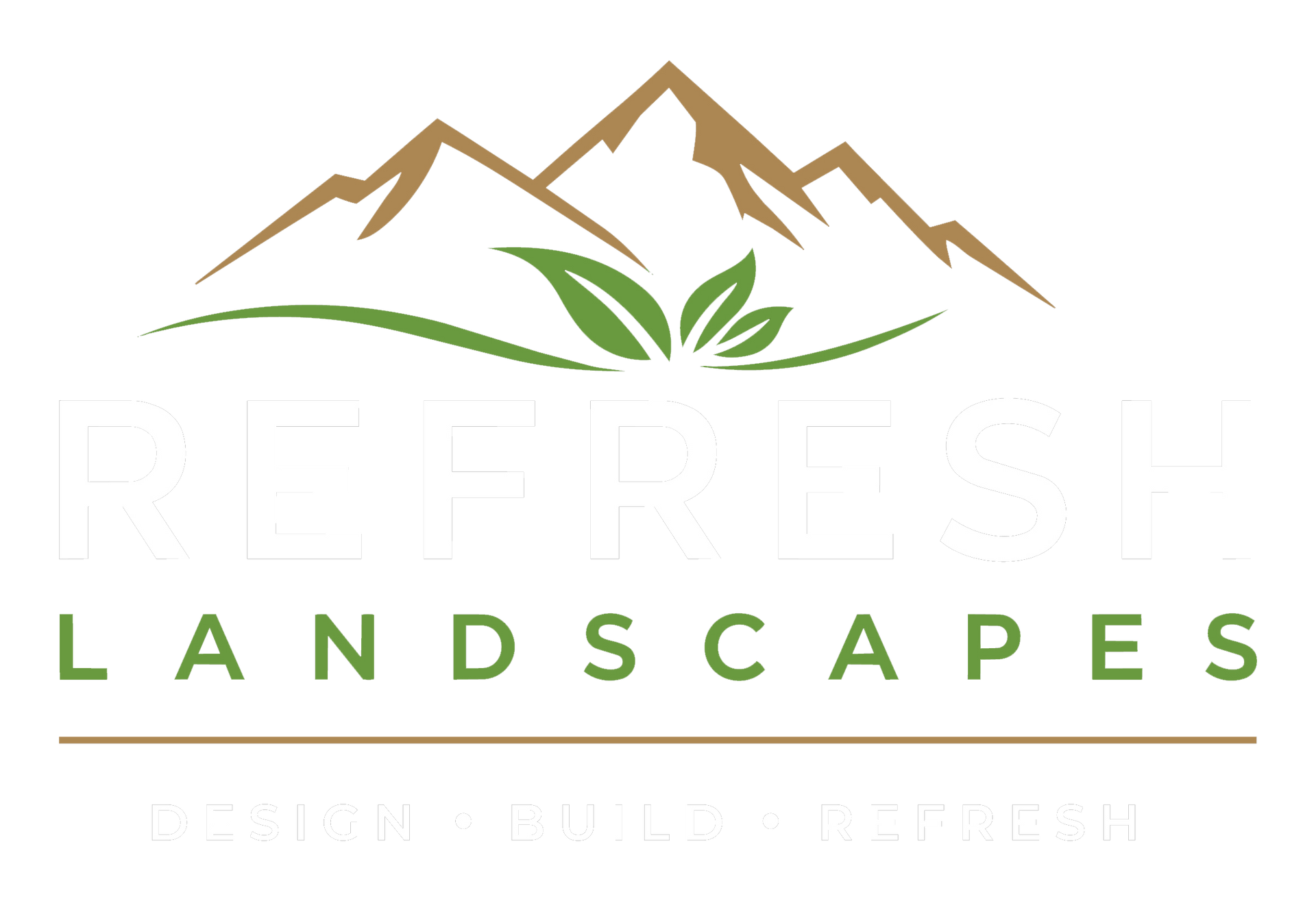 Mountain and green leaf landscape logo with the word “LANDSCAPES”