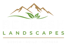 Mountain and green leaf landscape logo with the word “LANDSCAPES”