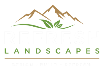 Mountain and green leaf landscape logo with the word “LANDSCAPES”