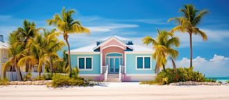 A house is sitting on top of a sandy beach surrounded by palm trees.