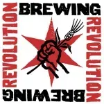 A logo for revolution brewerywith a fist holding a wheat.