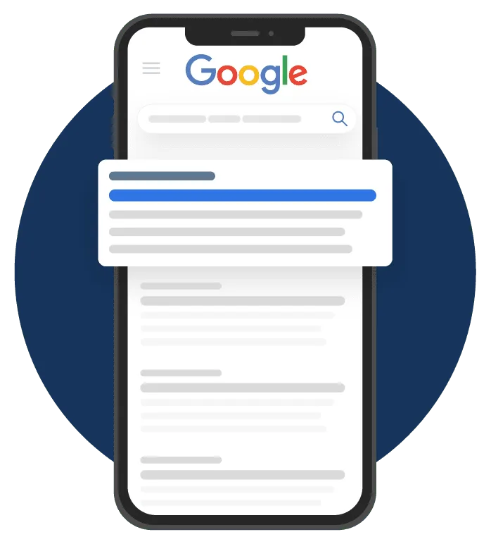 Smartphone displaying a Google search results page, with highlighted text in a white box.