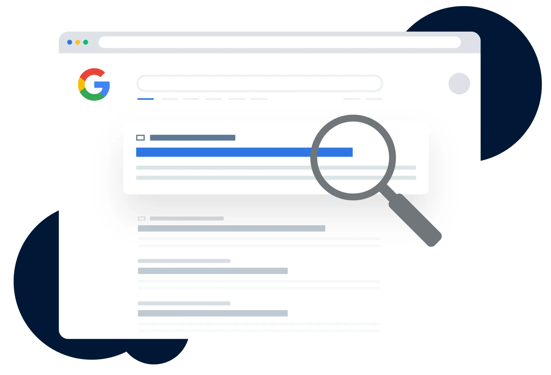 Google search result with a magnifying glass focused on a highlighted search suggestion.
