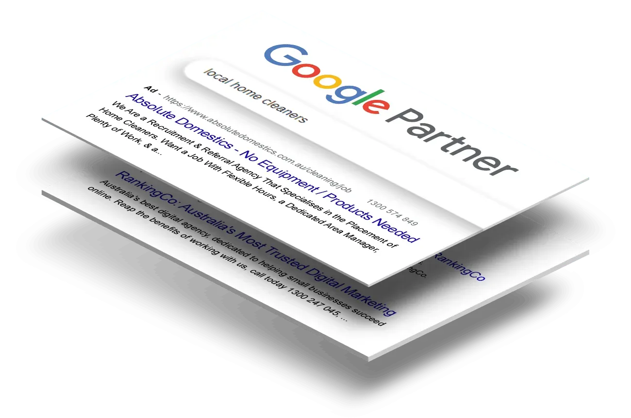 Google Partner badge overlaid on search results showing agency listings.