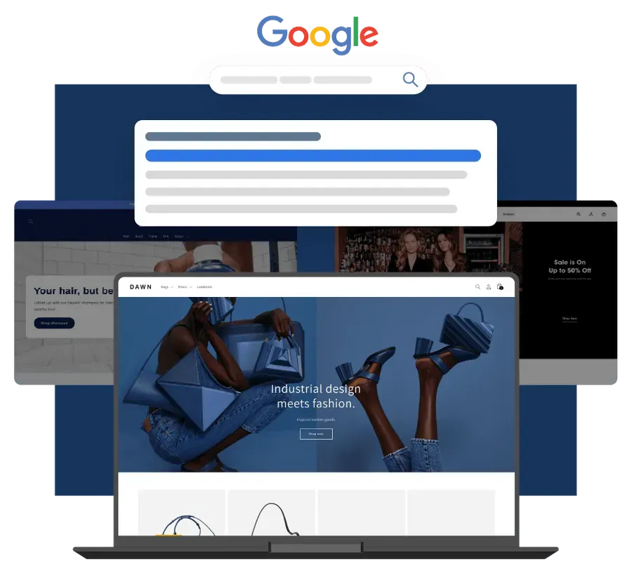 Laptop displaying website with Google search bar, other screens in background.